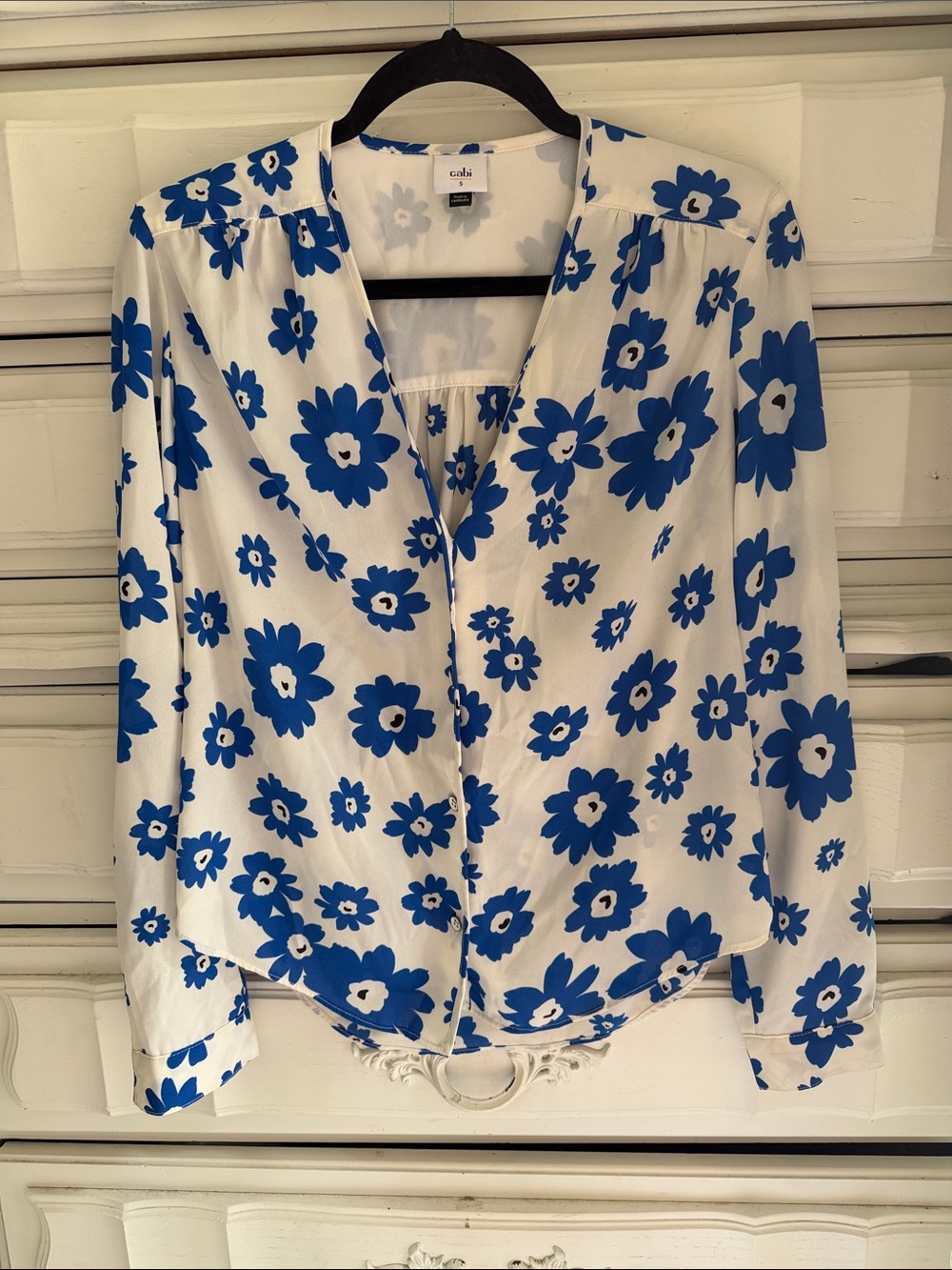 CAbi White Button-Front Top with Bold Blue Floral Print